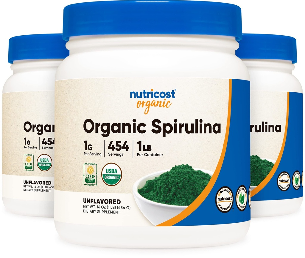 Nutricost poudre de spiruline biologique non aromatisée, 1LB Contenant pour 454 portions (3 bouteilles) - Vegan, sans OGM et sans gluten