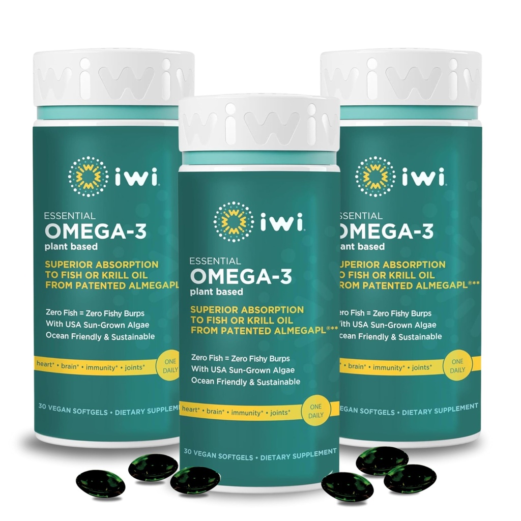Iwi Omega-3 Essential, 90 Softgels (90 portions), Algae Omega 3 à base de plantes avec EPA + DHA, Cerveau, Coeur & Immunissance Soutien Supplément diététique, Krill & Huile de poisson Alternative, Pas de arrière-goût de poisson