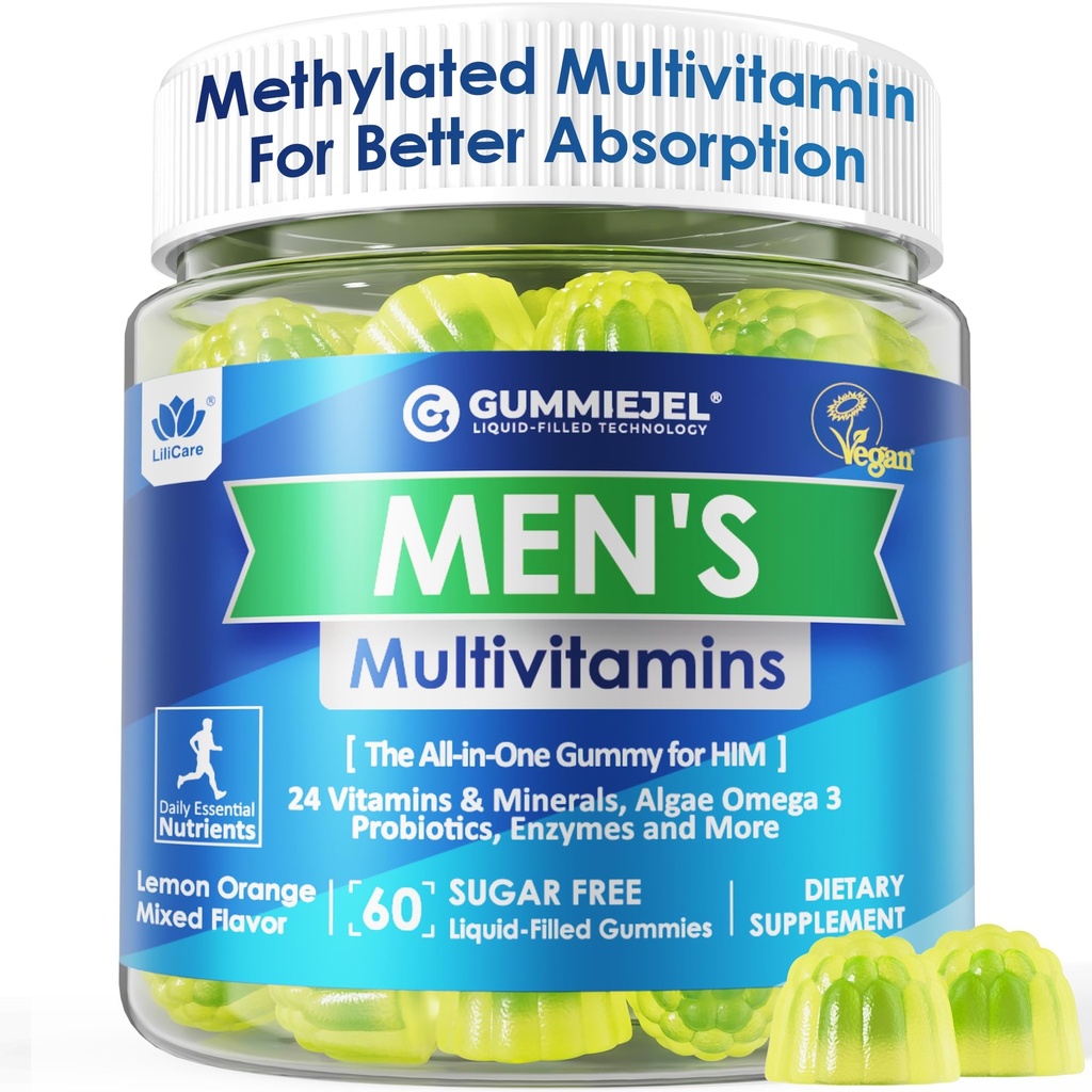 Hommes Multivitamines Gummies, Multivitamines méthylées pour les hommes, Complexe B, Minéraux, Omega végétalien 3, Probiotique, Enzyme, Antioxydants pour le soutien quotidien complet des hommes, sans sucre, végétalien (sans fer) 60 comtes