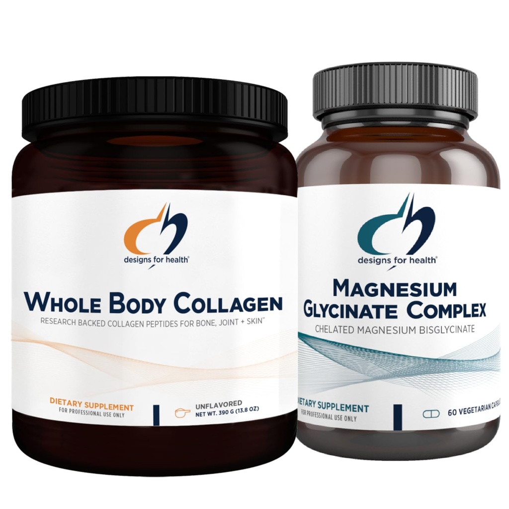 Designs für Gesundheit Magnesium Glycinat Complex (60 Kapseln) & Ganze Körper Kollagen (30 Portionen) Bundle - Hohe Absorption Magnesium mit Premium Collagen Pulver zur Unterstützung von Knochen, Haut und Gelenken