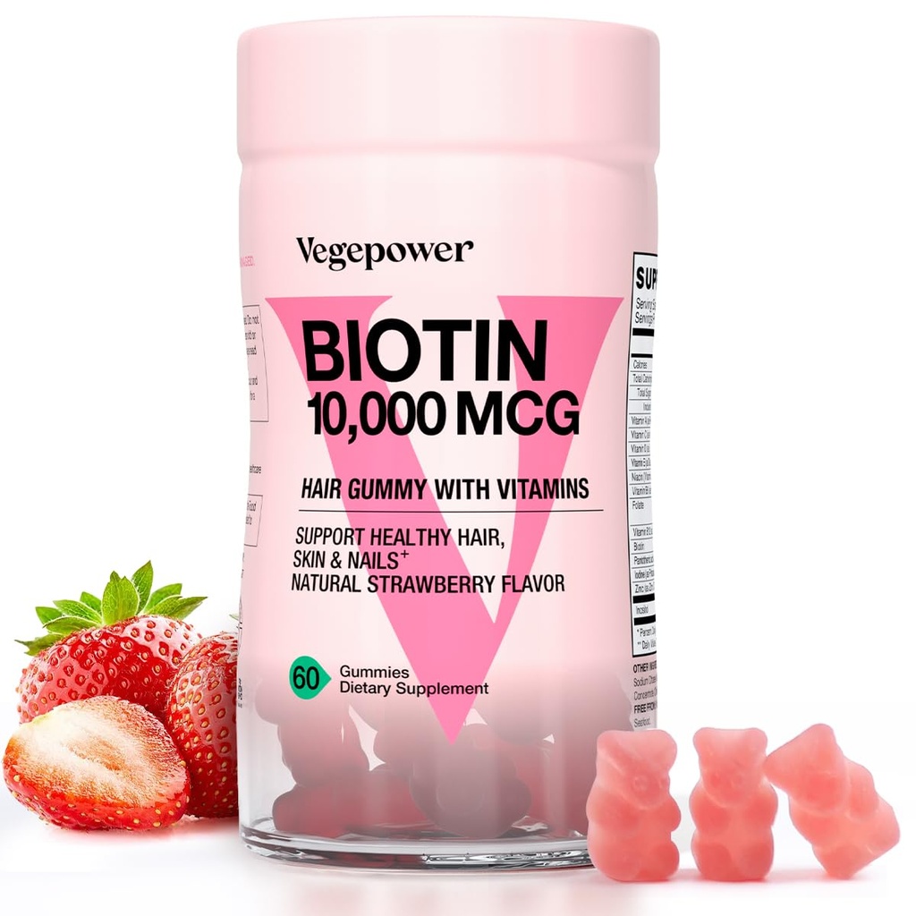 Gommies de biotine pour la croissance des cheveux 10000mcg - Vitamines de biotine végétalienne soutient les cheveux, la peau et les ongles sains, Gommy de vitamine capillaire pour les femmes et les hommes - Non-OGM, Supplément à croquer