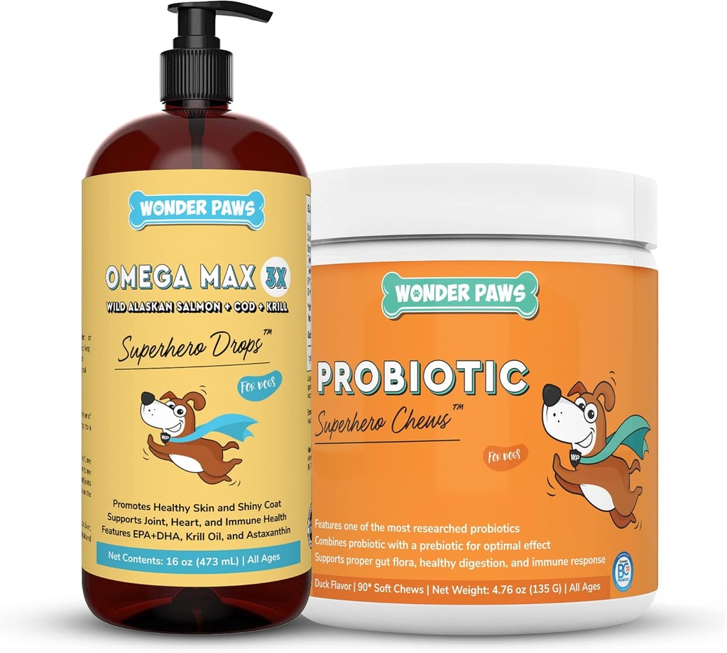 WONDER PAWS Omega Max Fish Oil Plus Probiotic Chews - für Dog Joint Health, Skin Moisture, Gut Health & Daily Wellness - Omega Max 16 Unzen - Probiotic 90 Chews