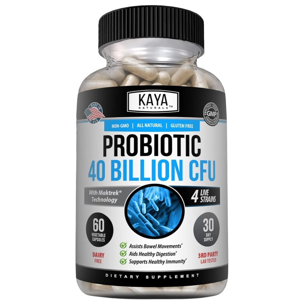 Kaya Naturals Probiotique 40 milliards CFU - Probiotiques pour les femmes, probiotiques pour les hommes et les adultes, naturel - Gut Health & Immune Support Supplément - Fournit un soutien digestif - 60 capsules végétales