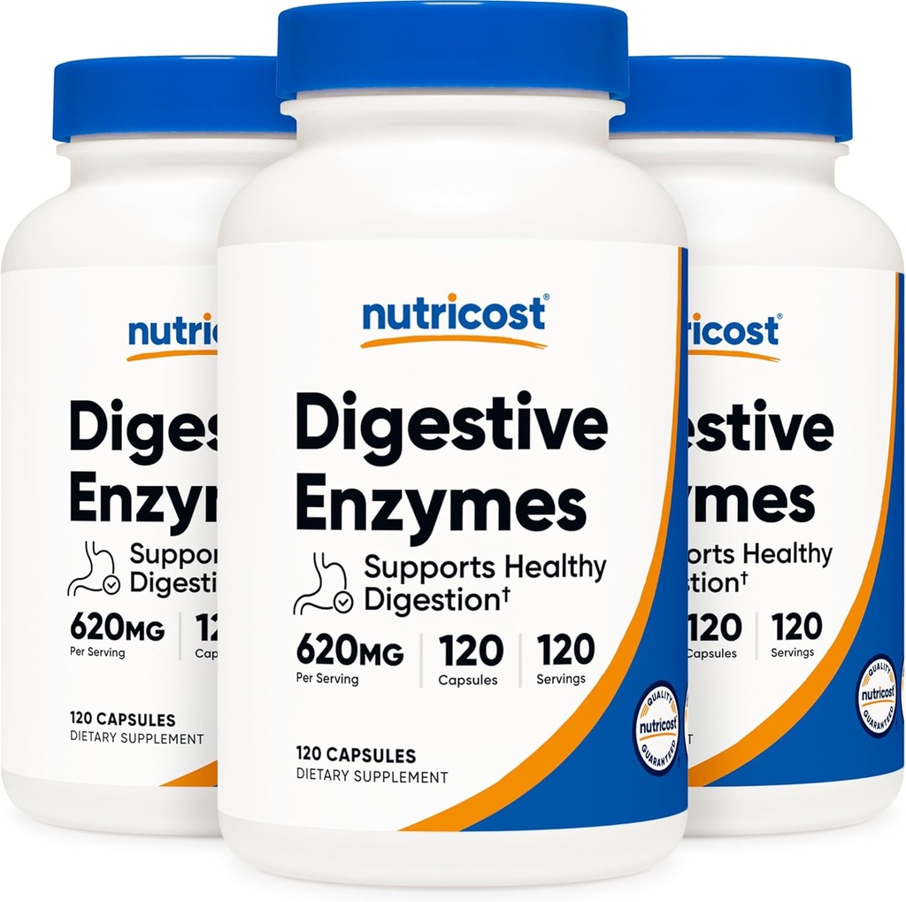 Nutricost Digestive Enzyme 620mg, 120 Veggie Kapseln (3 Flaschen) - Komplette Verdauungsenzymergänzung