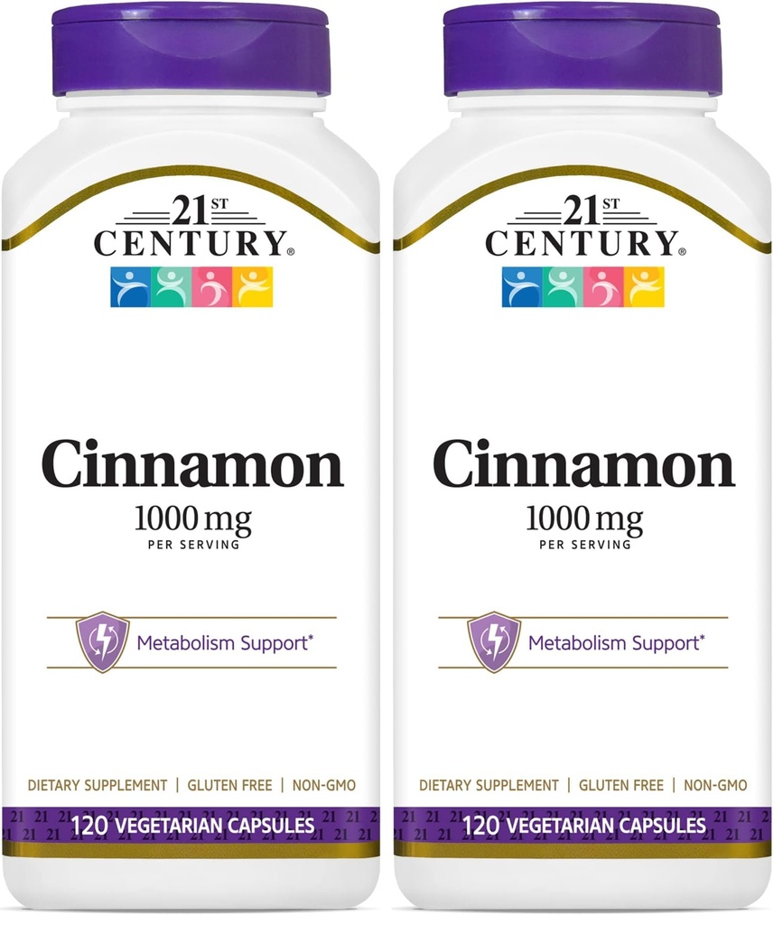 21st Century 1000 mg Cinnamon Vegetarian Capsules, Cinnamon Supplements Supports Sugar Metabolism, Gluten-Free, Non-GMO, No Added Preservatives or Artificial Flavors, 120 Count (Pack of 2)