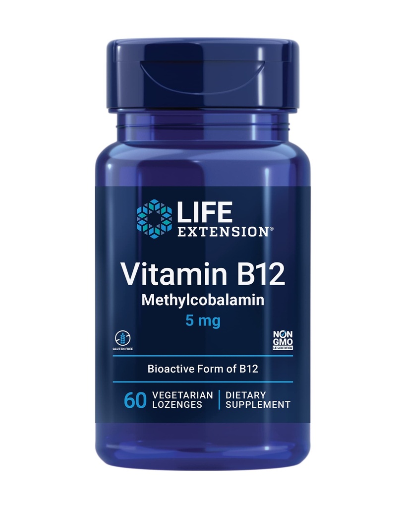 Lebensverlängerung Vitamin B12 Methylcobalamin, Nerve Health Supplement, Kognitive Unterstützung, Energie Vitamin, Methylcobalamin B12, 5 mg, Quick-Dissolving, Glutenfrei, Non-GMO, Vegetarisch, 60 Lozenges