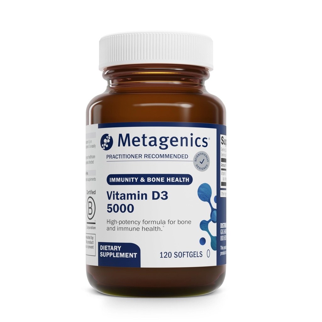 Metagenics Vitamin D3 5000 IU Supplement - High Potency Softgels for Immune, Bone & Heart Health* - 125 mcg Cholecalciferol in Coconut Oil for Enhanced Absorption* - Non-GMO, Gluten-Free - 120 Count