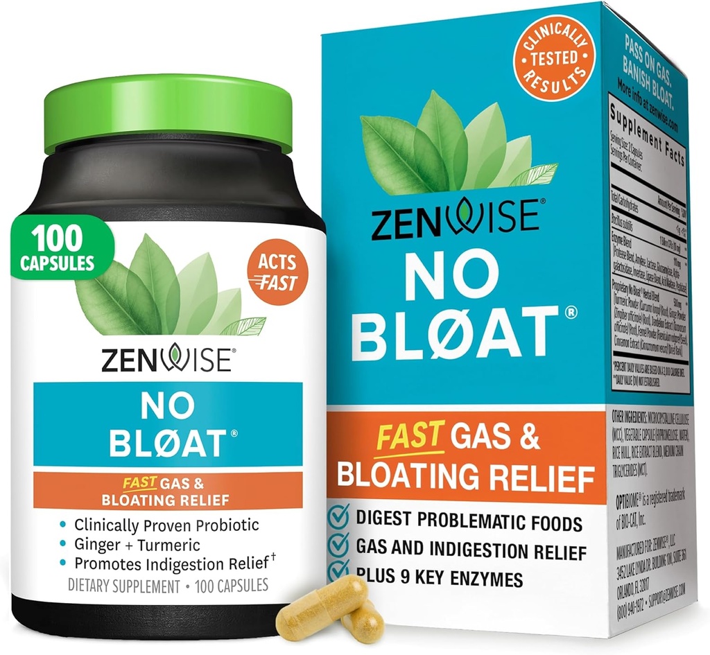 Zenwise Health No Bloat Digestive Enzyme for Gut Health, Gas & Bloating Relief - Multi Enzymes Digestion Supplement mit Probiotics, Ginger, Turmeric Dandelion & Lactase - Men & Women - 100 Count