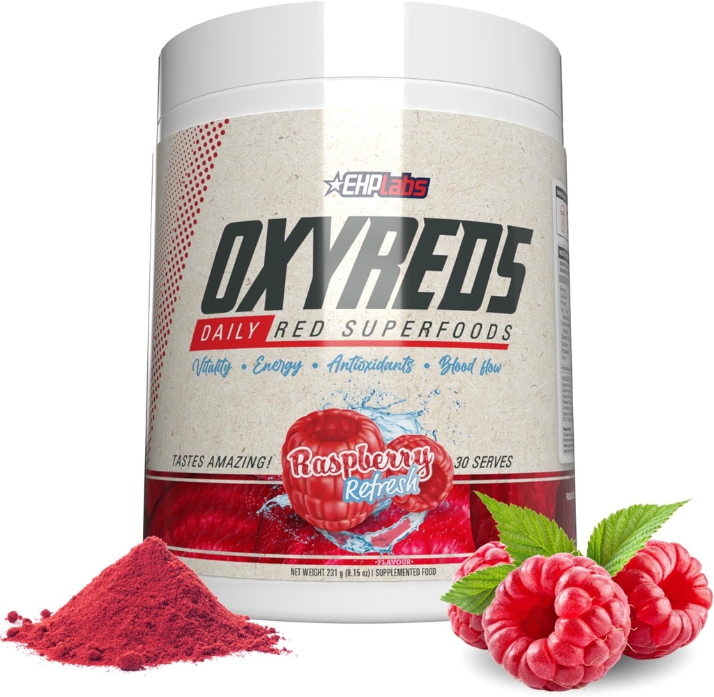 EHP Labs OxyReds Superfood Beets Powder - Nitric Oxide Supplement, Bio-Beet-Root-Pulver, Immununterstützungsergänzung & Präbiotika für Verdauungs-Gesundheit, Rüben-Pulver - Raspberry Refresh, 30 Portionen