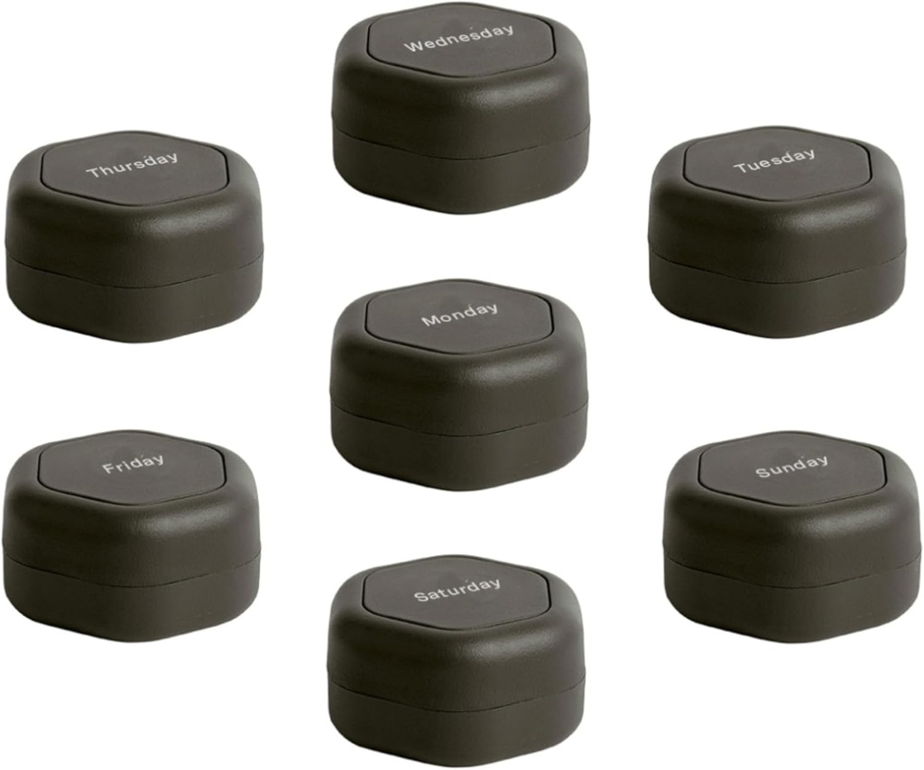 Cadence Contenants de voyage - Pill Case Set - Capsules de voyage magnétiques, Organisateur de médicaments quotidiens pour les pilules, suppléments et vitamines - 7 Flex Small (0.56oz) pour Organisateur de pilules hebdomadaires - Charbon