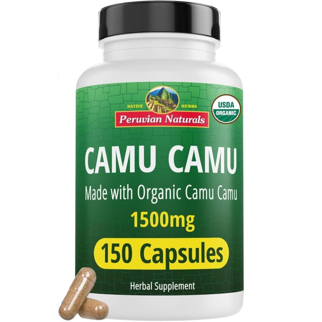 Peru Naturals Vitamine C biologique de Camu Capsules Camu 1 500mg - 150 pilules véganes, Vitamine C naturelle de la nourriture entière Camu Berry biologique, non-OGM