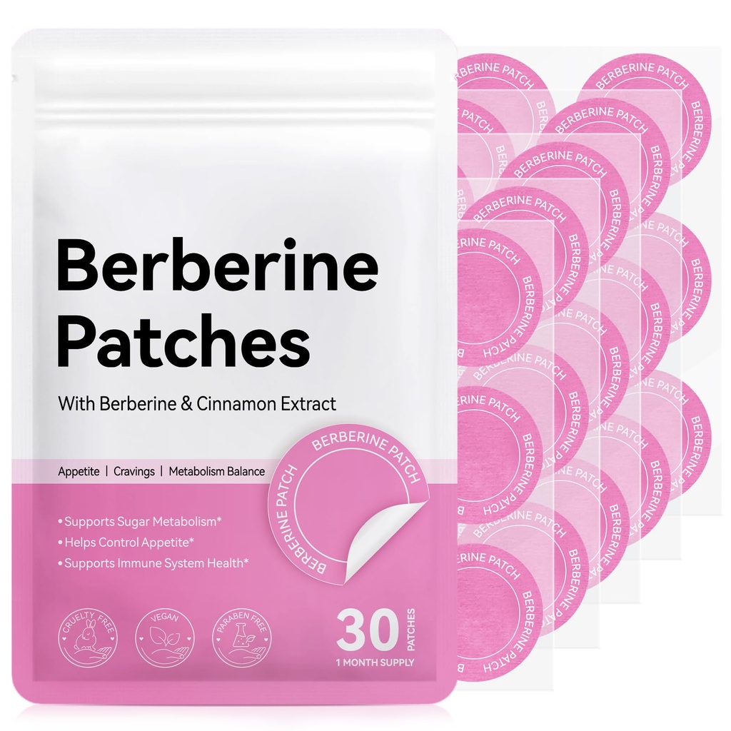 Berberine Patches, with Cinnamon, Pomegranate, 8-Hour Long-Lasting Formula Support for Women and Men, Applied to Various Parts of The Body, 30 Patches