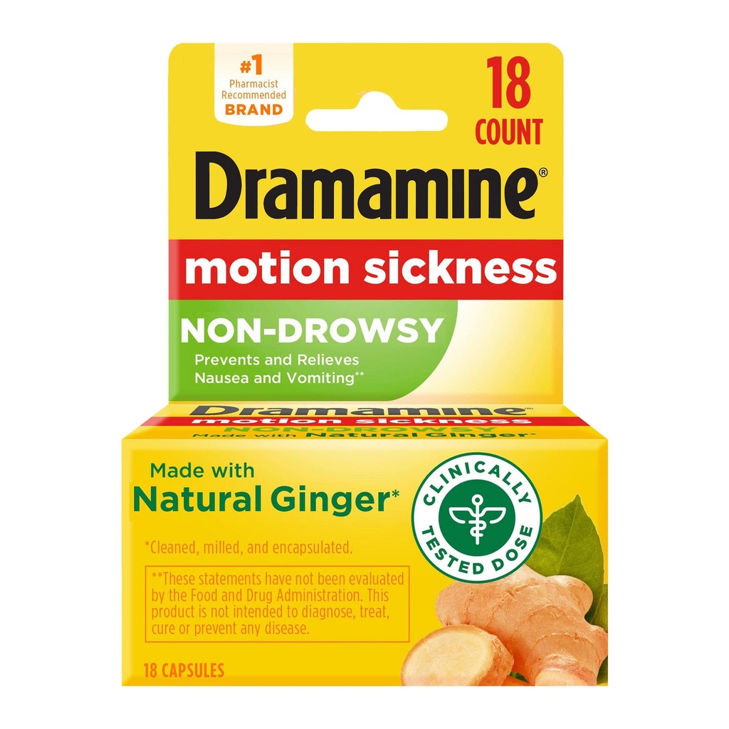 Dramamine Motion Sickness Himbeercreme Kautabletten 12 Count 2 Packung und Ingwerkapseln 18 Count