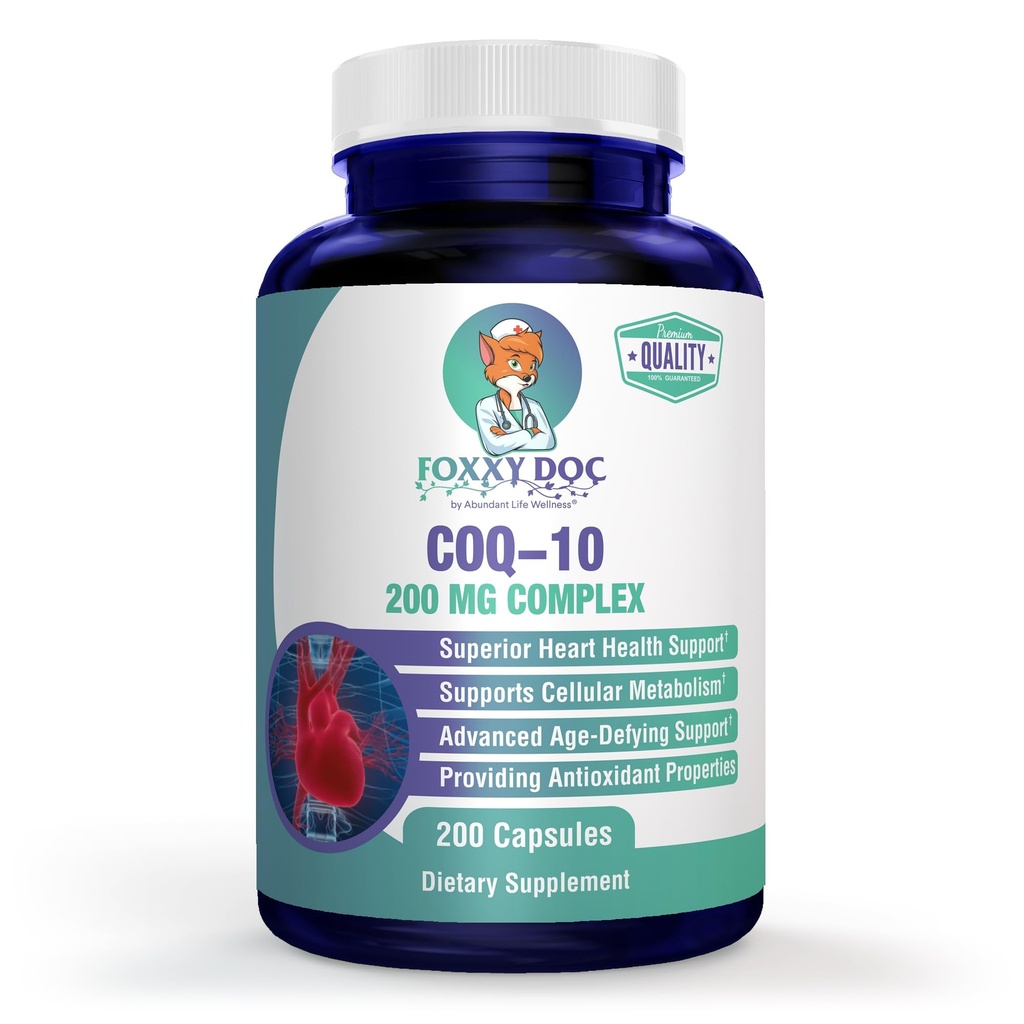 CoQ10 - Co-enzyme Q10-200 mg - Excellent rapport qualité-prix - 200 capsules - Absorption rapide - Végétaux - Non-OGM - Ubiquinone - Supplément Cœur et Énergie Cellulaire et Cerveau par Foxxy Doc