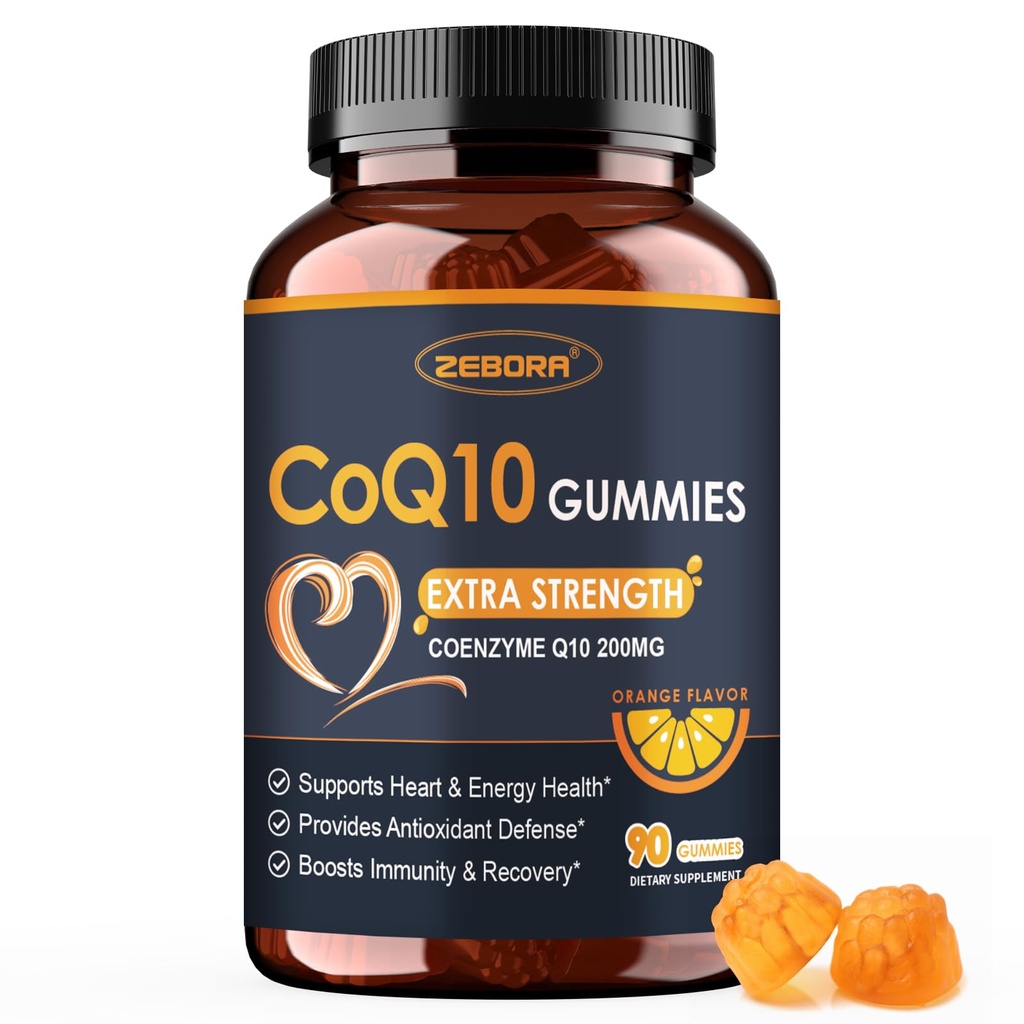ZEBORA CoQ10 200mg Gummis, Coenzym Q10 für Herz- und Immungesundheitsunterstützung, starkes Antioxidans, steigert Energie, natürlicher Orangengeschmack, Nicht-GVO, 90 Gummis