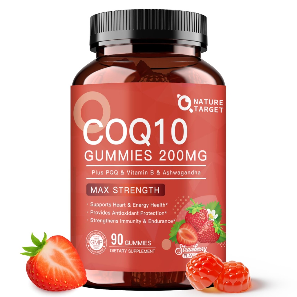 NATURE TARGET CoQ10 Gummies 200mg – Hohe Absorption Coenzym Q10 Ergänzungen für Herz, Energie & Antioxidans mit PQQ, Zink & Ashwagandha, Erdbeer-Flamour, 90 Zähler