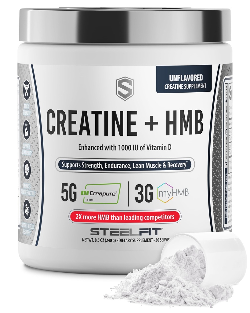 SteelFit Creatine HMB Poudre - 5g Creapur Creatine Poudre monohydratée, 3g myHMB et 1000 UI Vitamine D - Supplément d'entraînement soutient la croissance musculaire, la force, la récupération et l'énergie - Non aromatisé, 30 portions