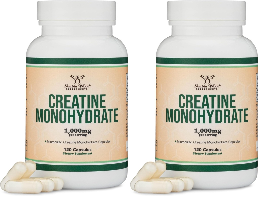 Kreatin Monohydrat Kapseln - 1g pro Servierung, 120 Count - Keine Füllstoffe, Vegan Safe, Non-GMO, Gluten frei von Doppelholz (Pack von 2)