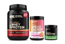 Pack de démarrage nutritionnel Optimum : poudre monohydratée micronisée de créatine (60 portions), lever de soleil tropical Amino Energy (30 portions) et standard or 100 % whey chocolat double riche (29 portions)