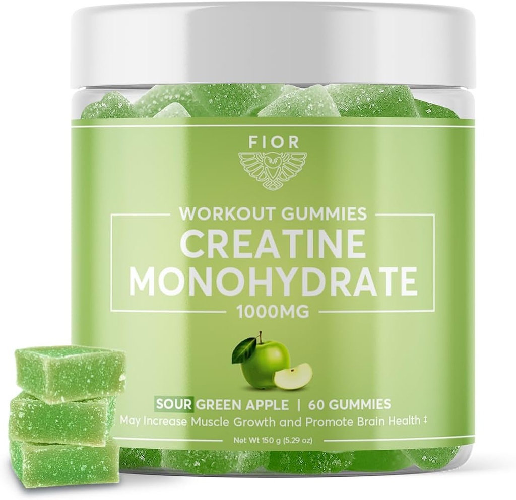 FIOR Creatine Gummy - Best Creatine Monohydrate Kaubar, 60 Count, Workout & Protein Supplement, Kognitive Enhancement, Sour Green Apple Flavor, 30 Portionen