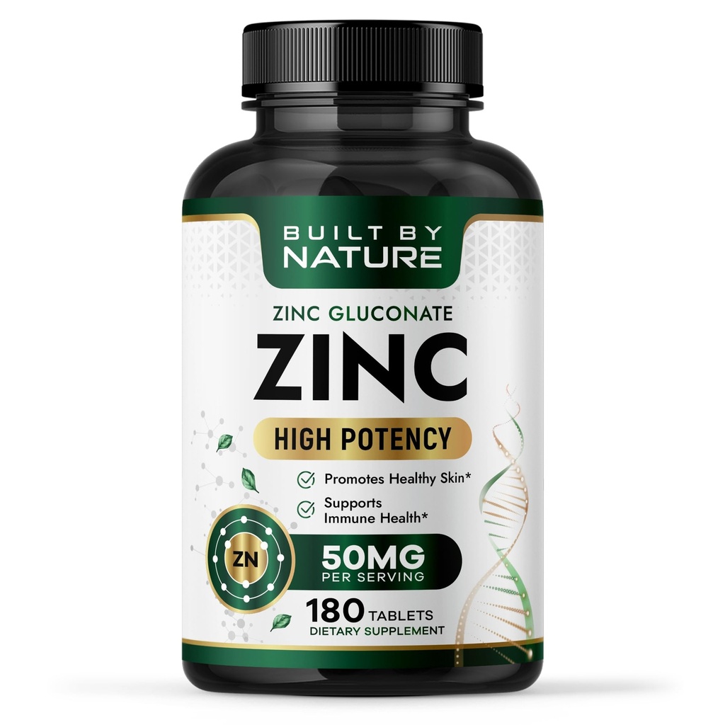 Erbaut von Nature Zinc 50 mg – Zink Gluconate für hochabsorbierbare Immun- & Antioxidantien-Unterstützung – fördert Haut, Augen- & Immun-Gesundheit – Non-GMO, Gluten-Free – 180 Tabletten