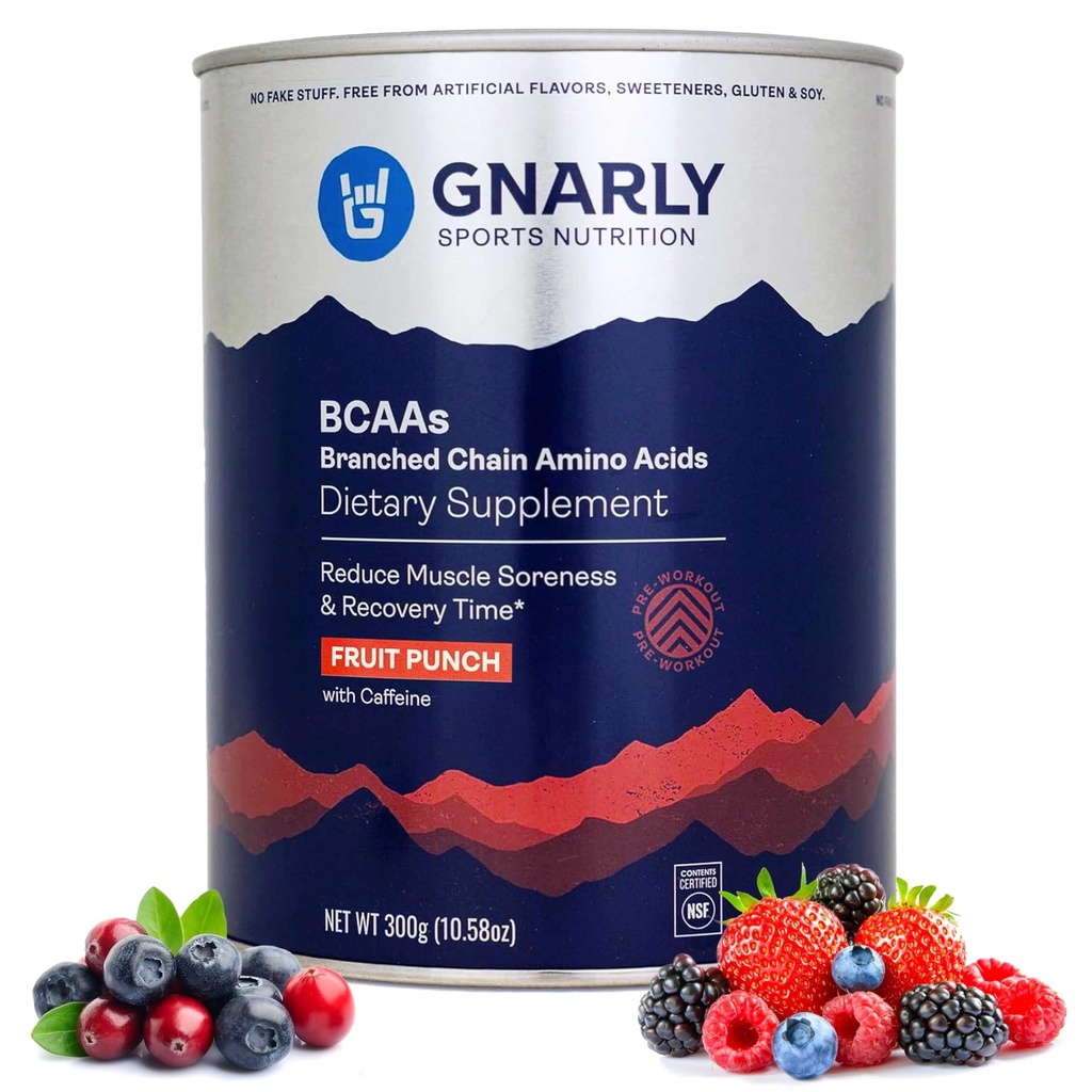 Gnarly Nutrition BCAA Poudre, Fruit Punch – Pré-entraînement BCAAS Amino Acides – NSF Sport Certifié – Supplément pour soutenir et reconstruire Muscle – Fruit Punch avec caféine, 10,58 oz