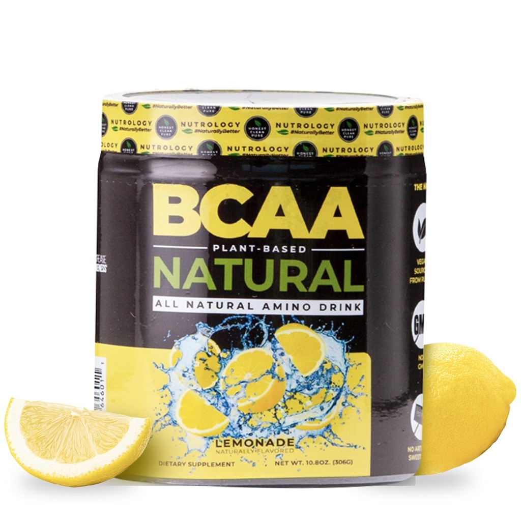 Nutrologie BCAA Natural - Pflanzenbasiertes BCAA-Pulver, Lemonade Flavor, Optimiert 2:1:1 Ratio Aminosäuren Pulver für Pre Workout & Post Workout Erholung, Vegan, Glutenfrei, Non-GMO, 30 Servierungen