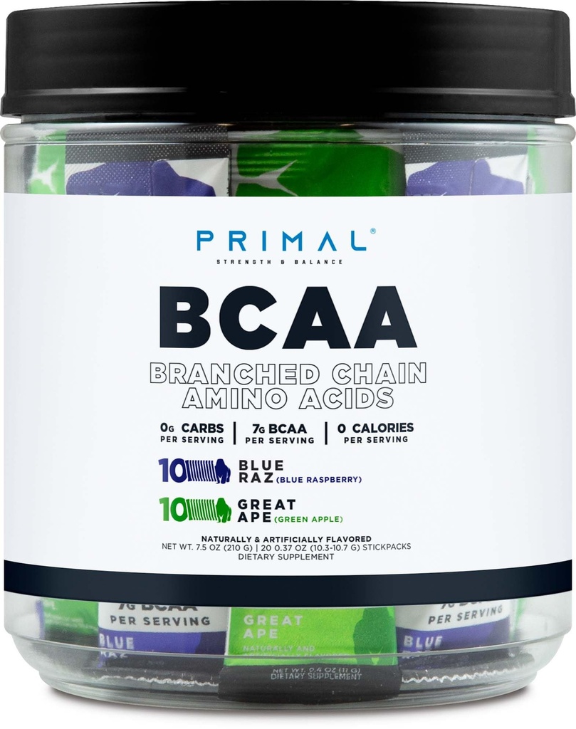 Primal BCAA Variety Pack, Blue Raspberry + Great Ape Green Apple Flavored (20 Stickpacks) - 7G BCAA pro Servieren, verzweigte Kette Aminosäuren