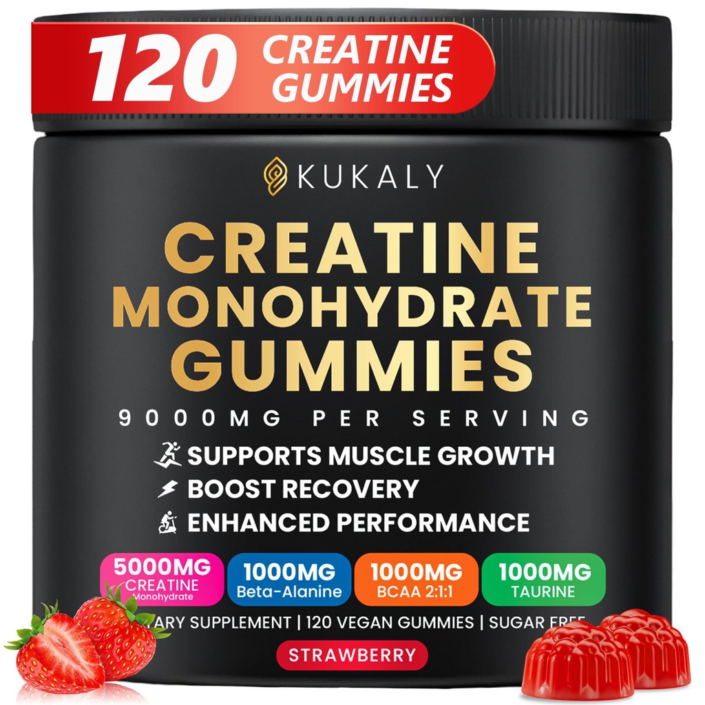 Kreatin Monohydrat-Gummien für Männer & Frauen, 9000MG Kreatin-Gummien Zuckerfrei mit L-Taurine, BCAA 2:1, B12 B6 für Boost Strength, Focus & Endurance, Vegan, Non-GMO, Erdbeere, 120pcs