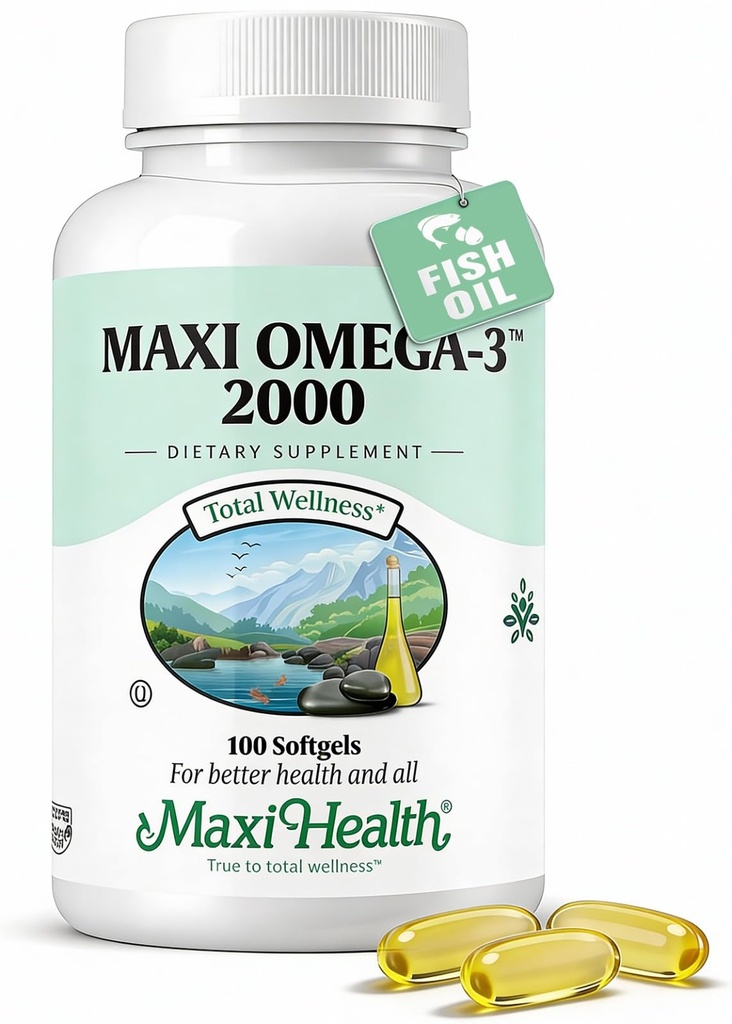 Maxi Health Omega 3 Huile de poisson 2000mg – Huile de poisson Omega 3 Suppléments sans arrière-goût de poisson – triple force EPA DHA – supplément Kosher Omega3 pour aider à soutenir le bien-être général (100 Softgels)