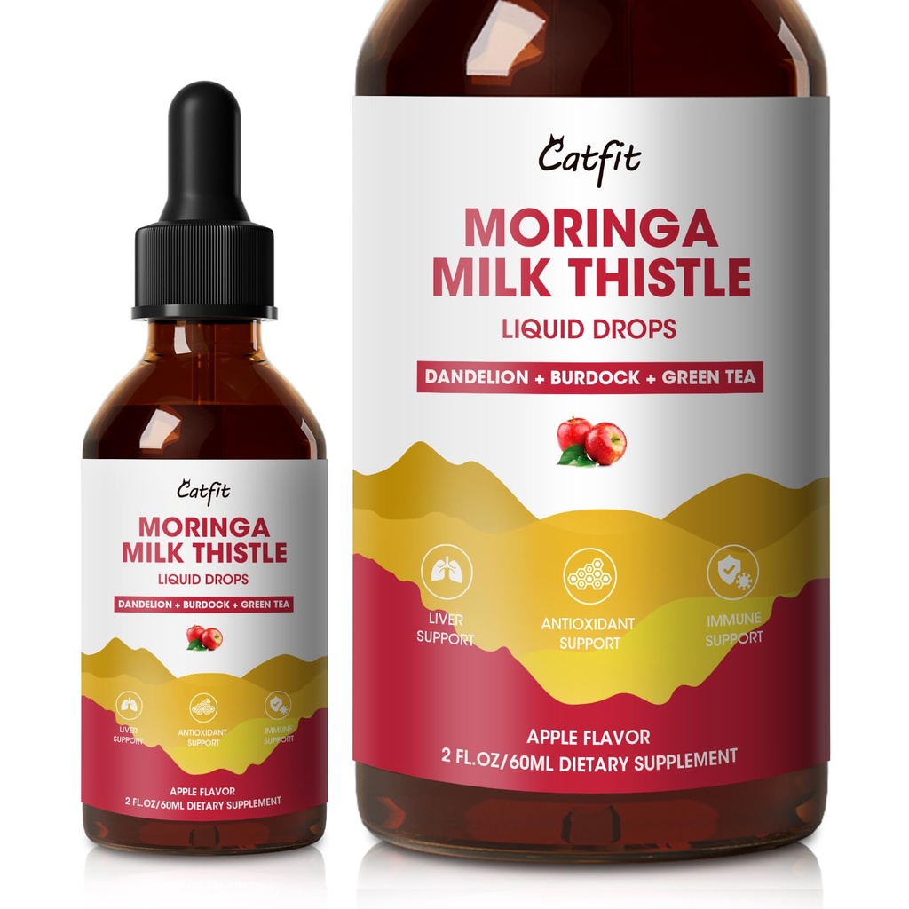 Détox du foie de chardon de lait gouttes de saveur de pomme – Nettoyez le foie Détox et la réparation avec Moringa, Dandelion, Burdock & Thé vert – supplément liquide à base de plantes pour le foie et le soutien et la santé du foie, Vegan, 2 Fl Oz