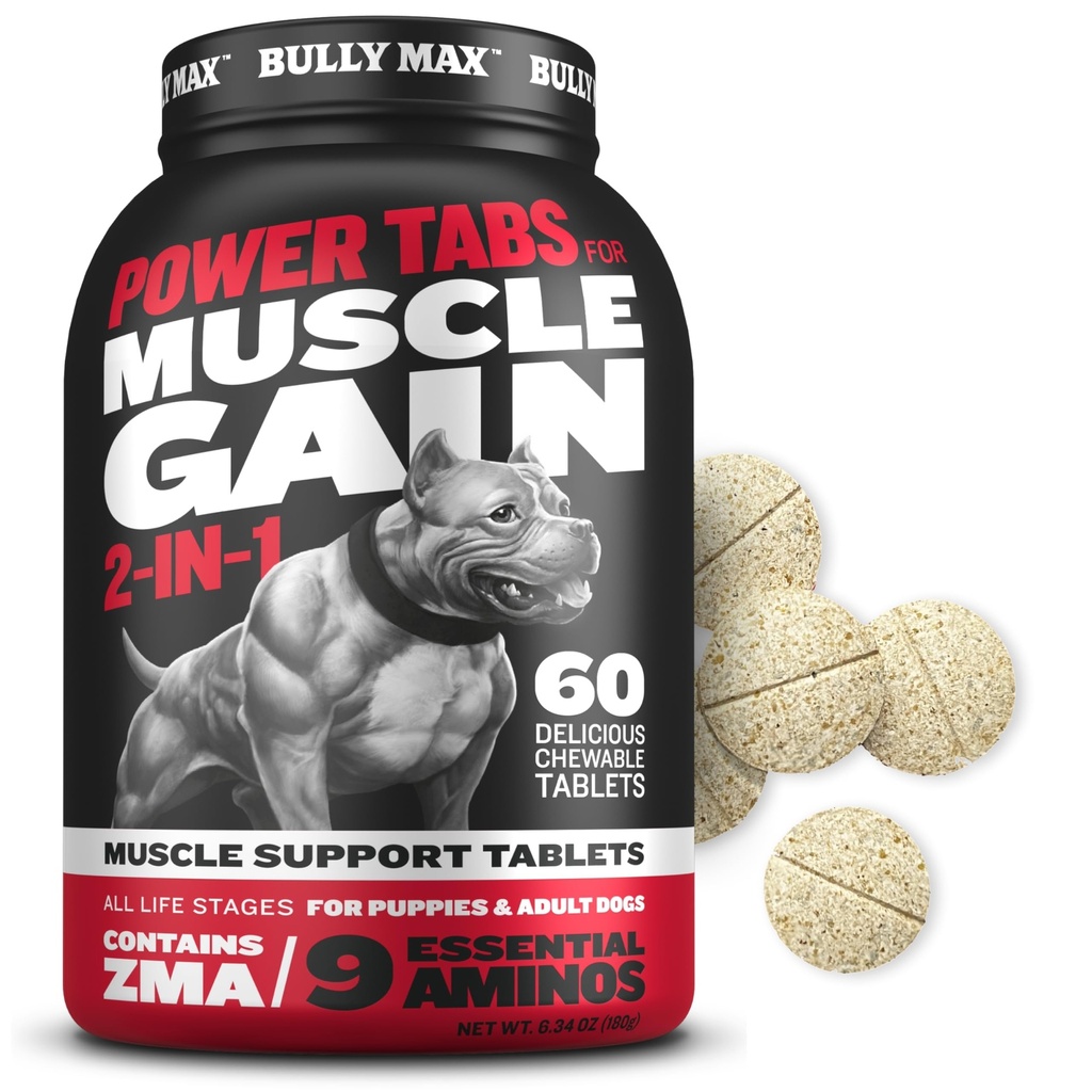 Bully Max 2-in-1 Muskelaufbau Kautabletten für Welpen & Erwachsene Hunde - Welpen & Hunde Vitamine & Nahrungsergänzungsmittel für Muskelaufbau & Wachstum - Ultimate Canine Multivitamins für alle Rassen & Alter - 60 Tabs