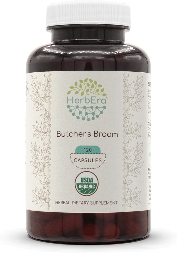 HerbEra Butcher's Broom USDA Organic 120 Capsules | Natural Herbal Supplement | Certified Organic Vegetarian Capsules and Organic Butcher's Broom (Ruscus aculeatus) Getrocknete Wurzel (120 Kapseln)