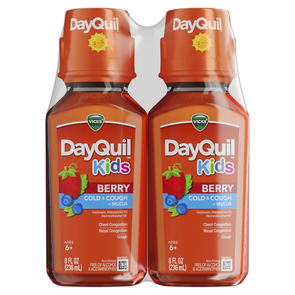 Vicks Kids DayQuil Berry Cold & Cough Medicine Co-Pack, Daytime Relief of Multiple Symptoms, Great-Tasting Berry Flavor, frei von Alkohol & Acetaminophen, Für Alter 6+, 2x8oz