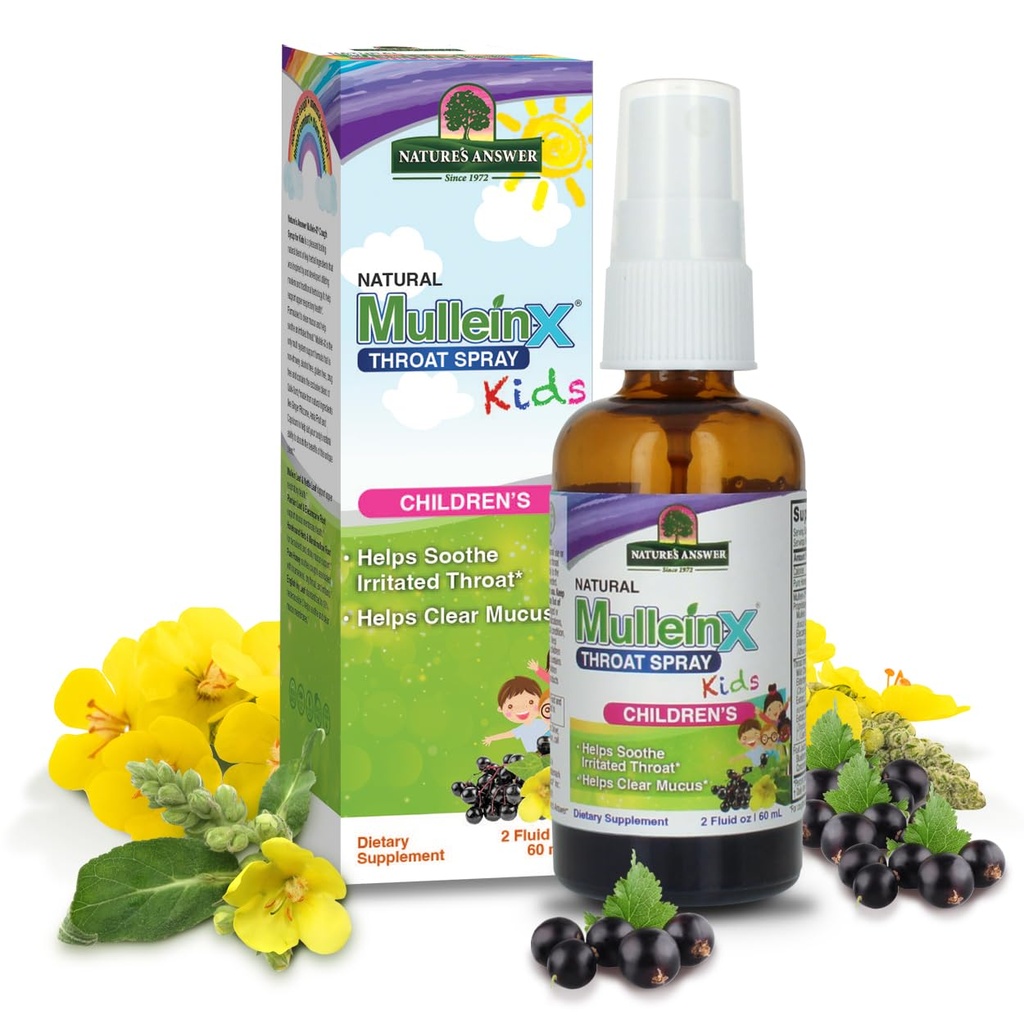 Réponse de la nature Mullein X Kids Throat Spray 2oz - Sans gluten, végétarien, sans alcool, sans OGM, Efface Mucus, Soothes Gorge irritée, Fabriqué aux États-Unis - Soutien pour les enfants, les tout-petits- Taille du voyage