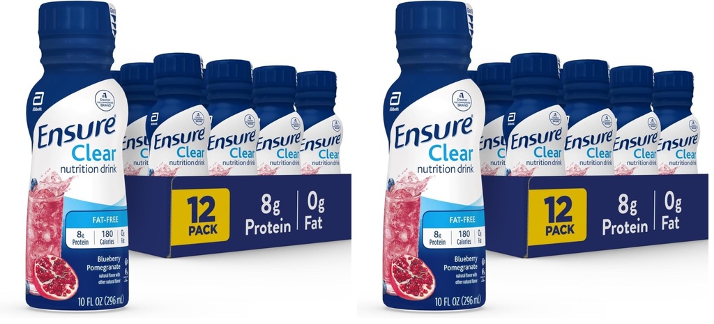 Ensure Liquid Clear Nutrition Drink, 0g fat, 8g of protein, Blueberry Pomegranate, Bottle, gluten free, 10 Fl Oz (Pack of 24)