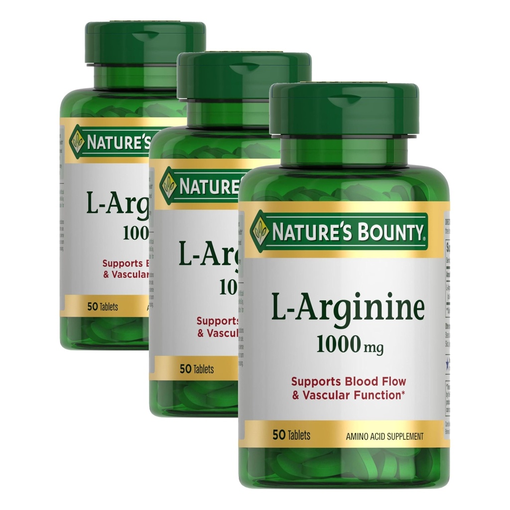 Nature's Bounty L-Arginine 1000mg zur Unterstützung von Blutfluss und vaskulärer Funktion – Non-GMO, Glutenfrei, 50 Tabletten (Pack mit 3)