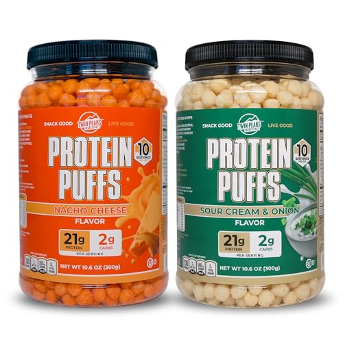 Twin Peaks Low Carb, Keto Friendly Protein Puffs Combo Pack, 1 Jug Sour Cream Flavor Puffs + 1 Jug Nacho Käse Flavor Puffs