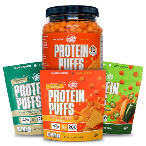 Twin Peaks Basse Carb, Puffes protéinées sympathiques aux kétos, 3 sacs de Puffes aux saveurs assorties + 1 Puffes aux saveurs de fromage de Jug Nacho