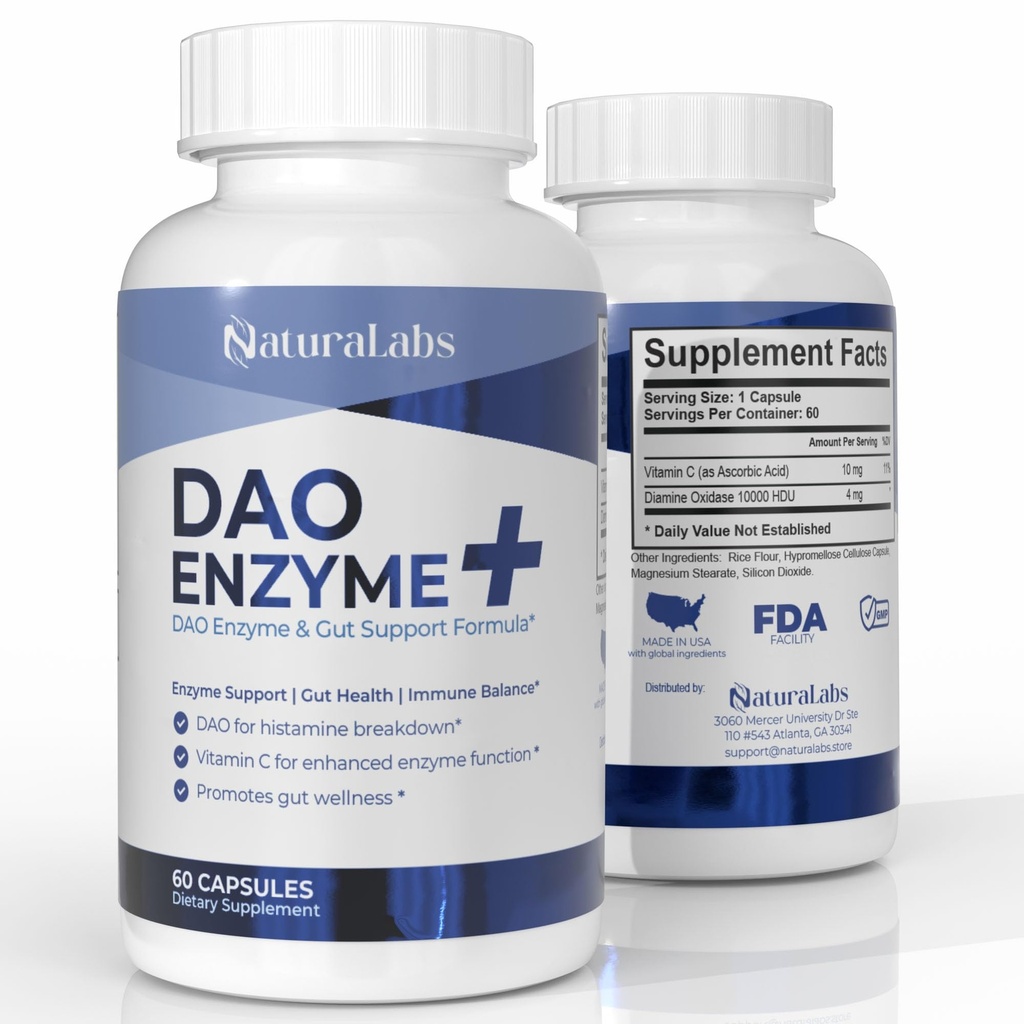 DAO ergänzt Histamin Blocker – DAO Enzym + Diamine Oxidase & Vitamin C für Gut Health & Food Support – 60 Portionen - 1 Kapsel vor Mahlzeiten für Histamin Intoleranz
