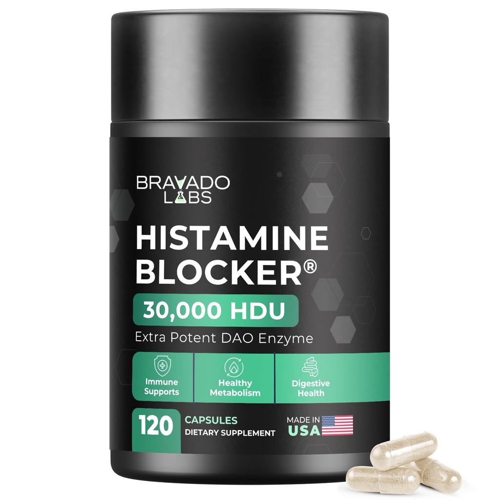 Bravado Labs DAO Supplies Histamine Blocker - Extra Strength 30 000 HDU DAO Enzyme + Diamine Oxidase & Vitamine C pour le métabolisme quotidien de l'histamine et le soutien immunitaire - 120ct