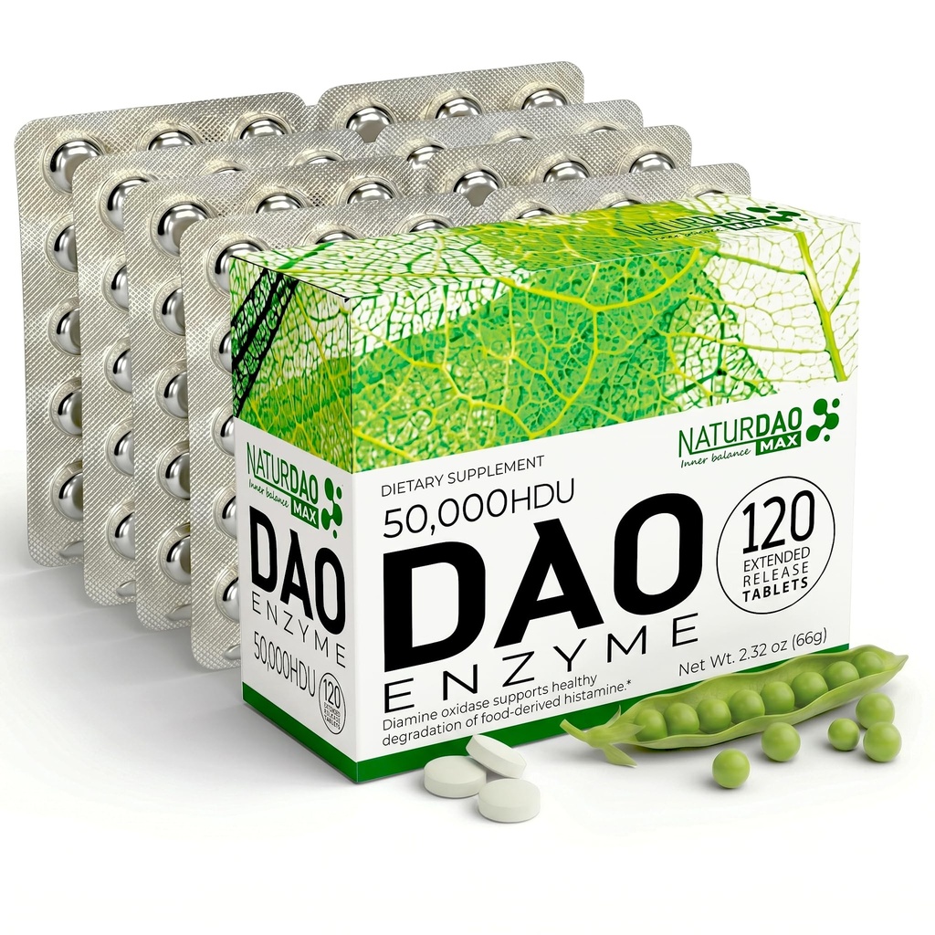 Supplément enzymatique DAO MAX 120 comprimés, 50 000 HDU par comprimé Posologie réglable, libération prolongée, blocage d'histamine
