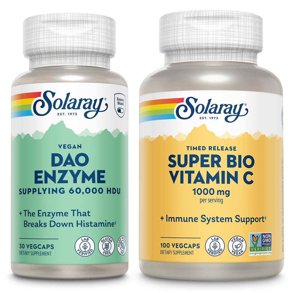 SOLARAY DAO Enzyme und Super Bio Vitamin C 1000mg - Verdauungsenzyme zum Abbau von Histamin - Timed Release VIT C w/Bioflavonoids Immununterstützungsergänzung, Vegan, 60-Day Garantie, 30/50 Servietten