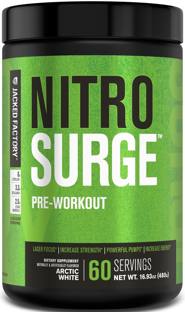 Supplément de pré-entraînement Jacked Factory NITROSURGE - Énergie sans fin, gains de force instantanés, accent clair, pompes intenses - NO Booster et puissant pré-entraînement Poudre d'énergie - 60 portions, blanc arctique