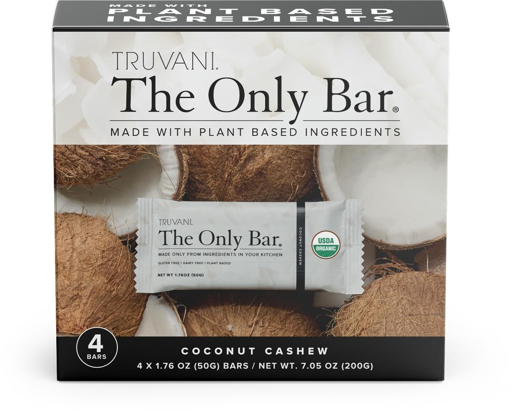 Truvani Plant Based Snack Bars | Coconut Cashew 4 Pack | 5g Protein | USDA Organic and Vegan | Die einzige Bar | Dairy, Soy und Gluten Free | Individuell Wrapped