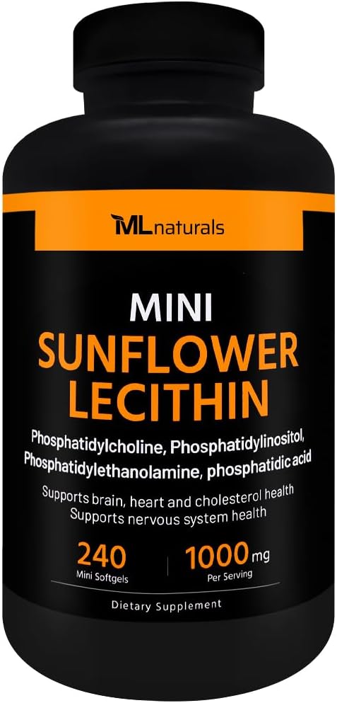 ML Naturals Mini Sonnenblume Lecithin 240 Softgels. Phosphatidylcholin, Phosphatidylinositol, Phosphatidylthanolamin, Phosphatidsäure, NSF-Certified & cGMP-Compliant