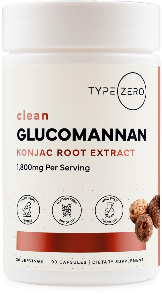 Type Zero Nettoyant Glucomannan Extrait de racine Konjac (90 capsules) (1 800 MG par portion) - 30 portions, non-OGM, sans gluten