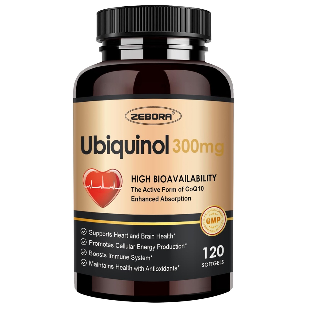 ZEBORA Ubiquinol CoQ10 300mg Softgels, 4-in-1 Leistungsstarkes Antioxidans für Herz- und Gefäßgesundheit, essentiell für Energieproduktion, Max Absorptionsaktive Form von CoQ10, 120 Softgels