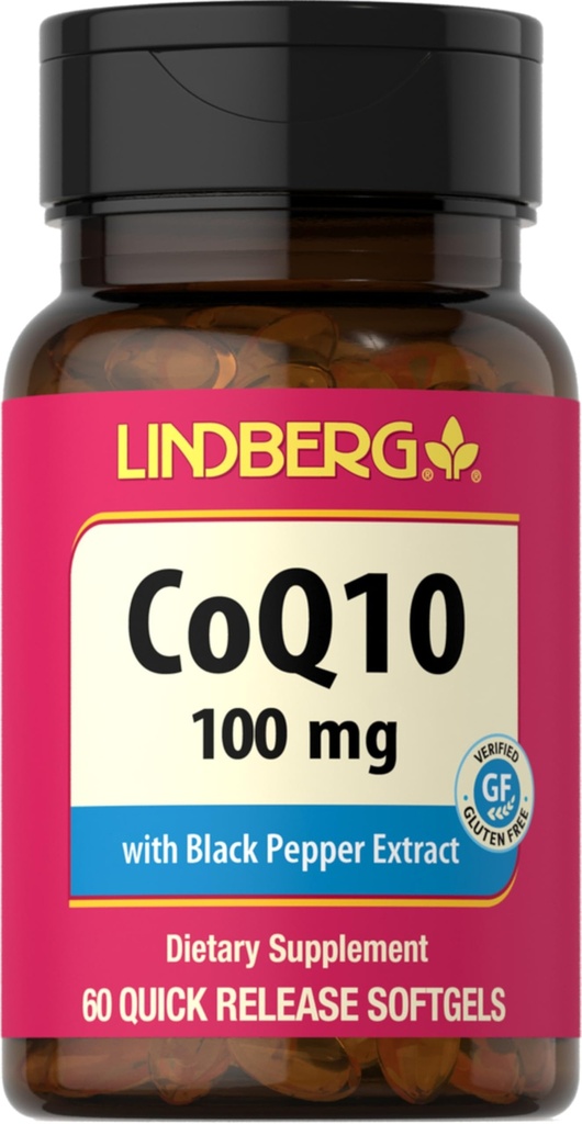 Lindberg CoQ10 100mg Softgels | 60 Count | Coenzyme Q10 Ergänzung für Frauen und Männer | mit schwarzem Pfeffer Extrakt | Non-GMO, Glutenfrei
