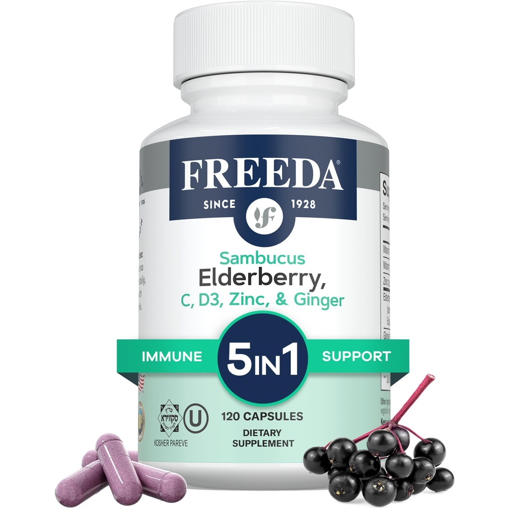 FREEDA Sambucus Elderberry mit Vitamin C, Zink, Vitamin D3 & Ginger - 5 in 1 pflanzlichen Antioxidantien-Unterstützungsergänzung für Frauen und Männer - Glutenfreie Adult Elderberry Kapseln, USA Made (120 Count)